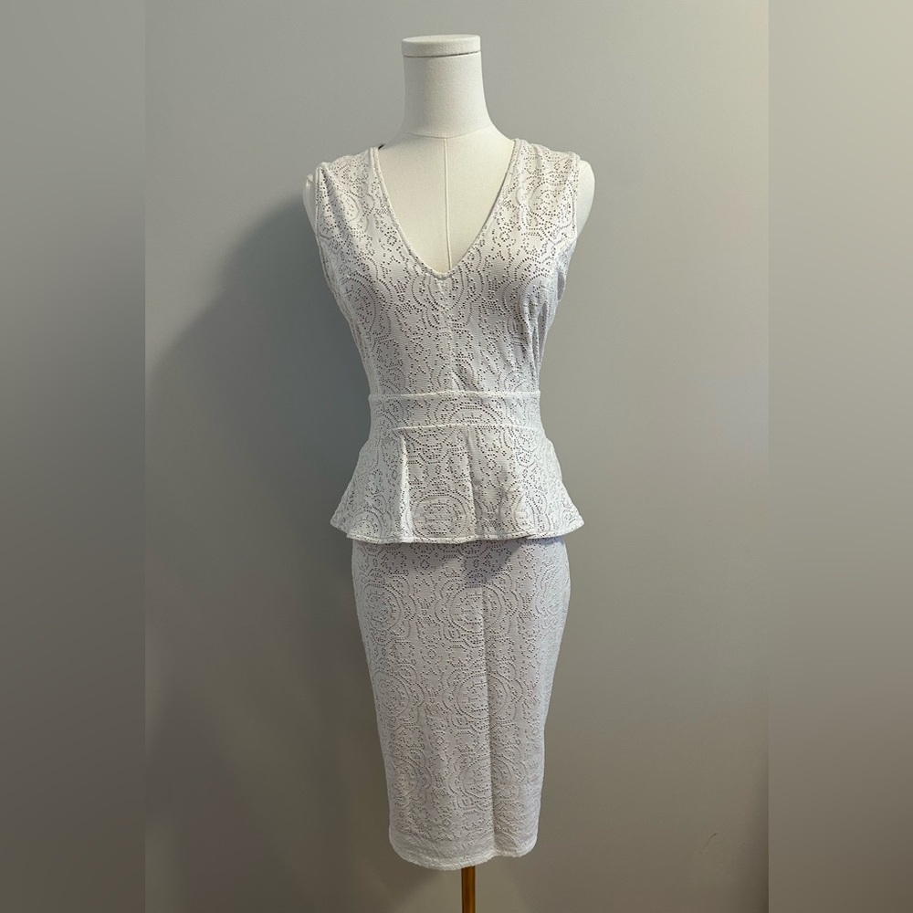 BCBGMaxAzria White Lace Peplum Pencil Skirt dress.